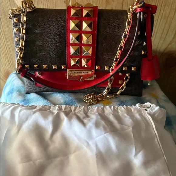 Michael Kors Cece Red and Brown Studded Chain Shoulder Bag - Picture 2 of 8